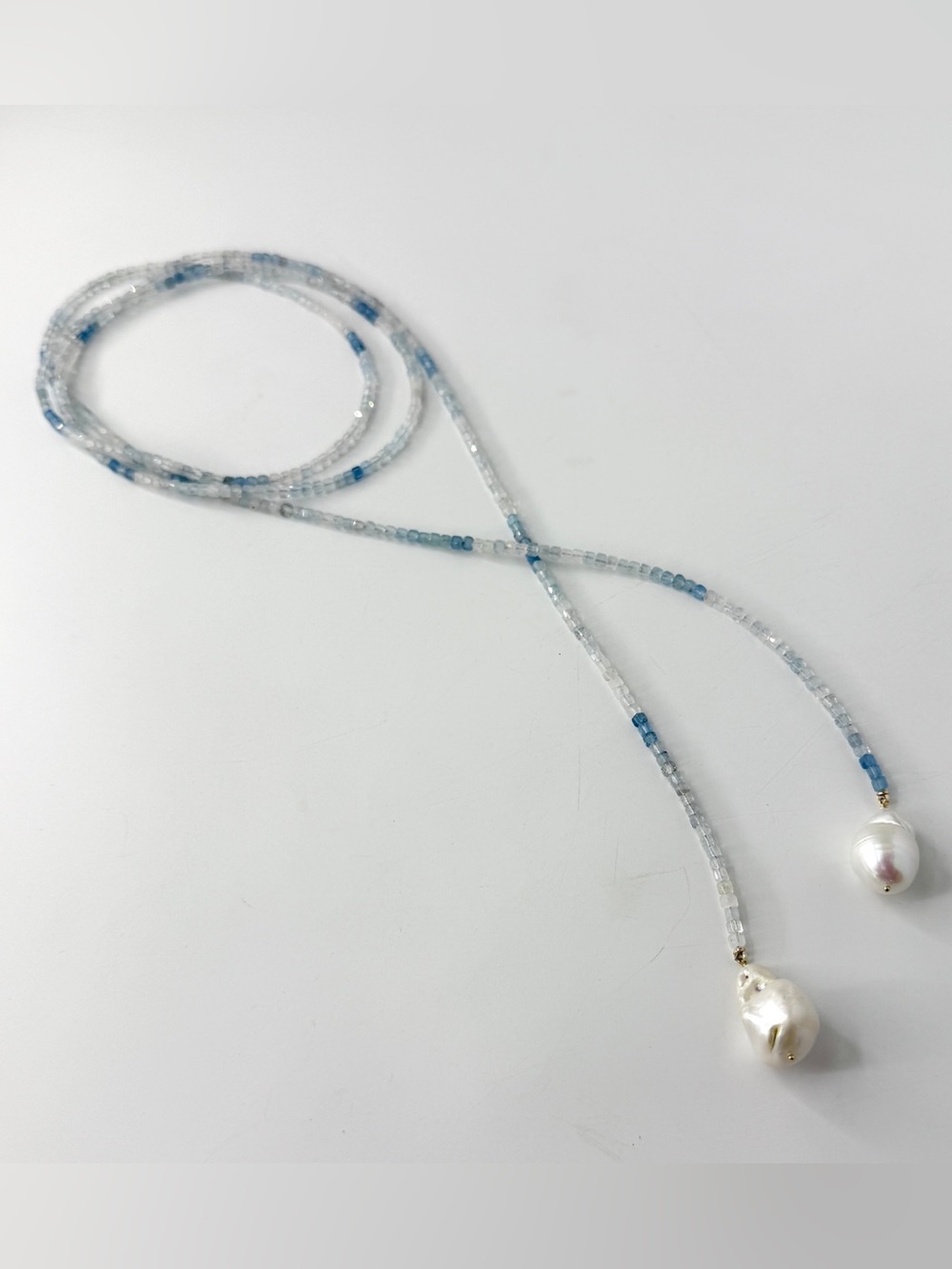 Long Gradient Aquamarine Necklace, Baroque Pearl Pendant, Lariat Wrap Necklace